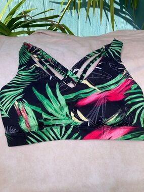 Tropical Print Strappy Sports Bra - Black, Green, Pink